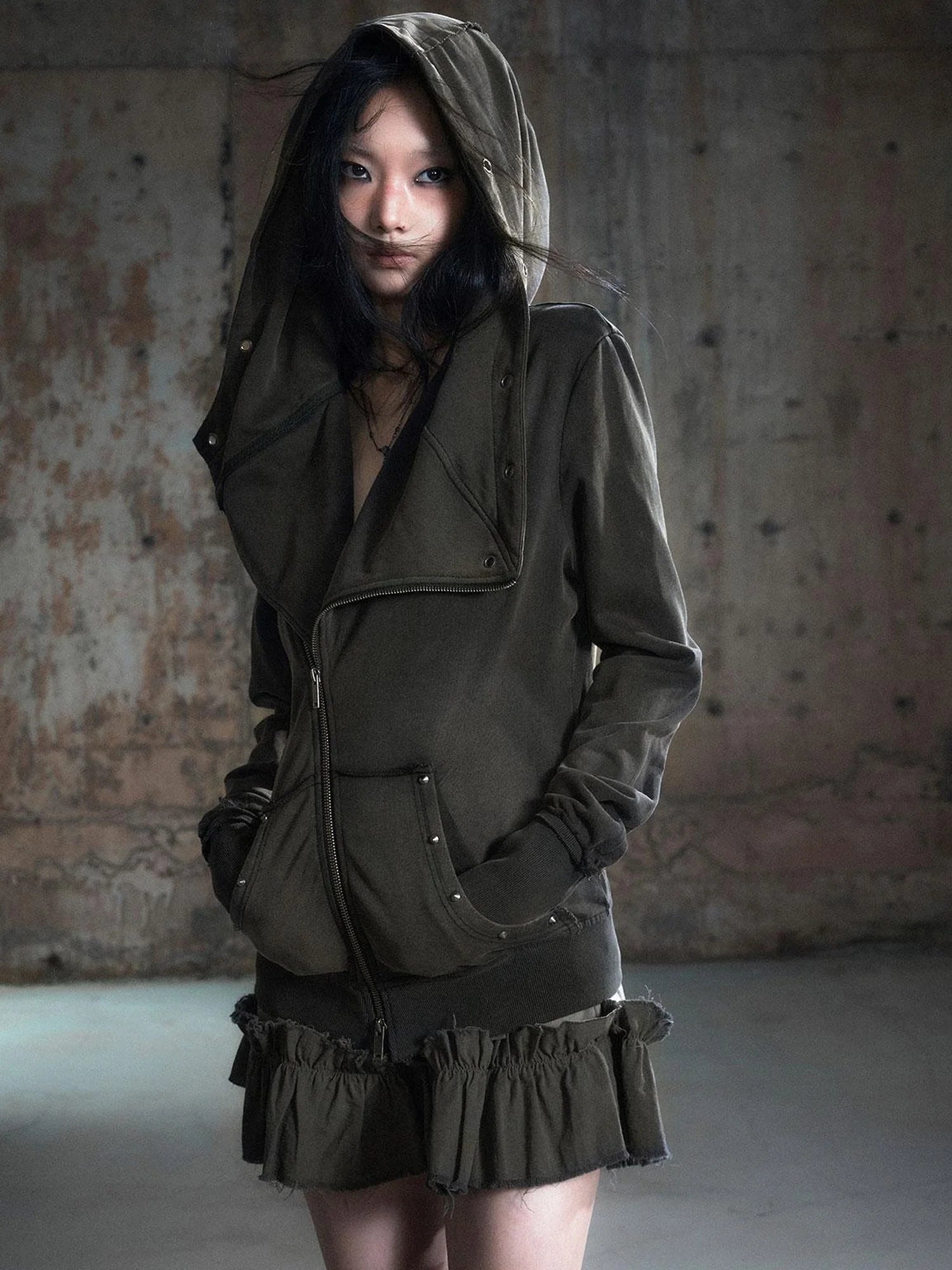 Vintage Deconstructed Lapel Belted Washed Long Sleeve Hooded Sweatshirt