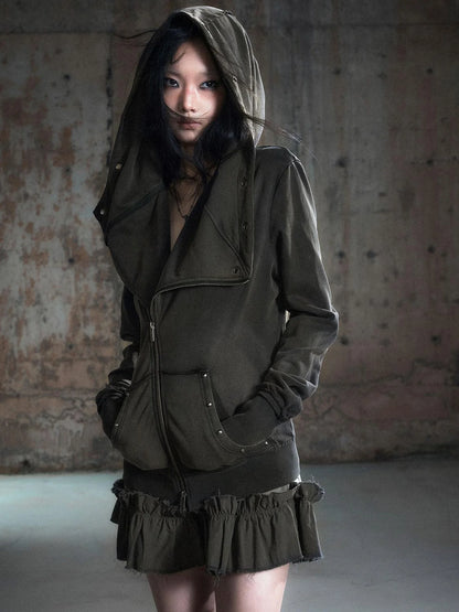 Vintage Deconstructed Lapel Belted Washed Long Sleeve Hooded Sweatshirt