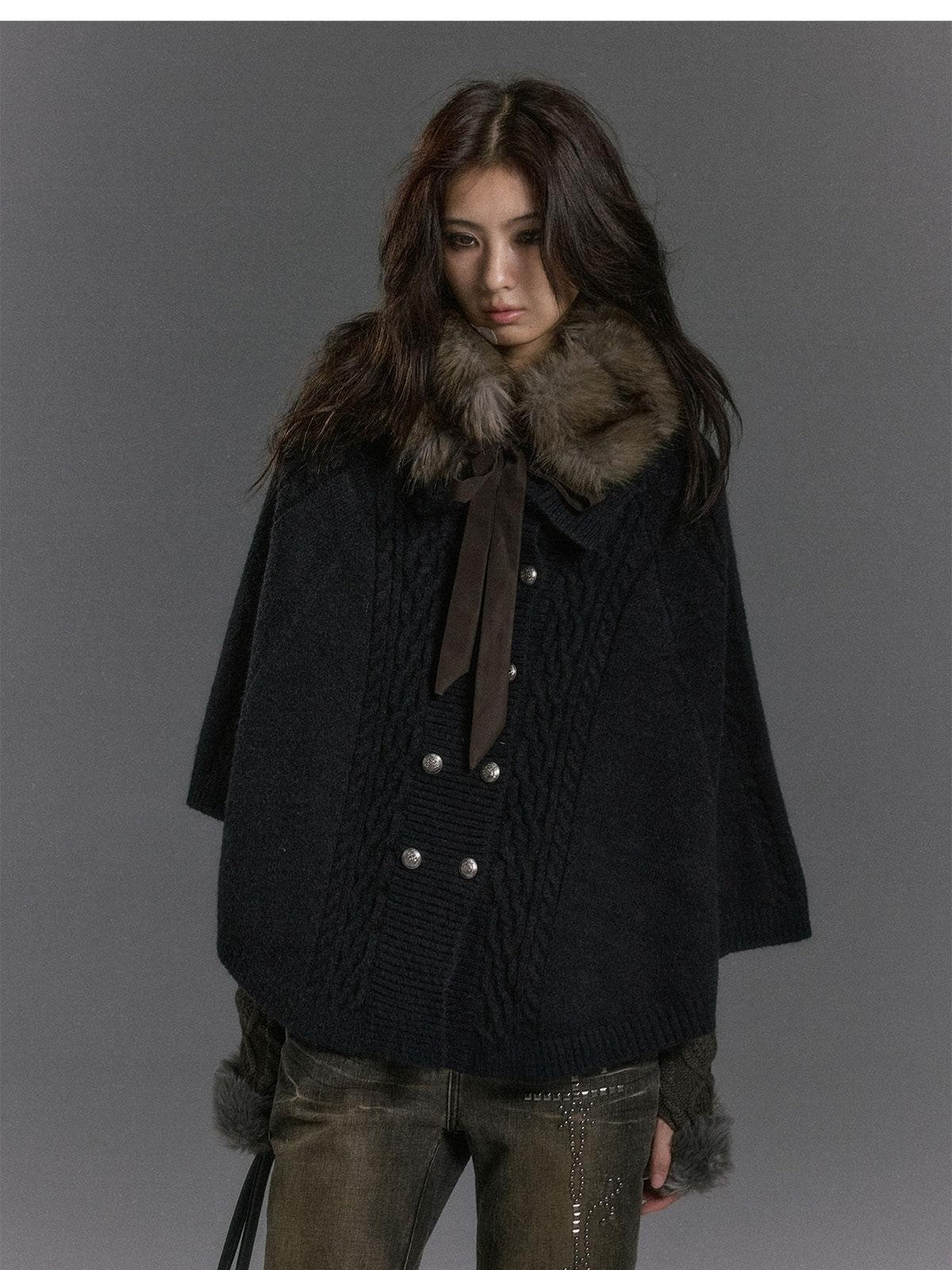 Cest Nous Vintage Detachable Fur Collar Double Breasted Poncho Women&