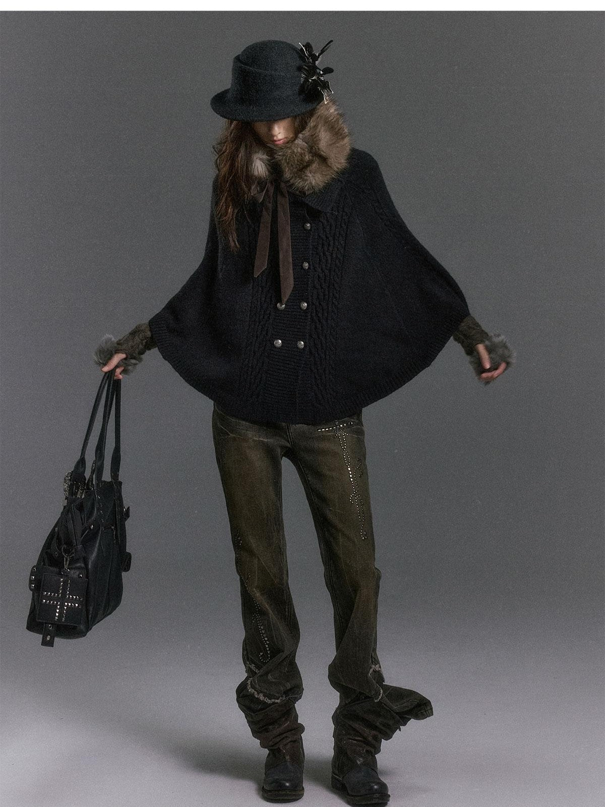 Cest Nous Vintage Detachable Fur Collar Double Breasted Poncho Women&