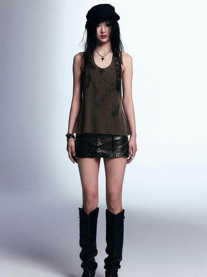 Cest Nous Vintage Distressed A Line Leather Short Skorts
