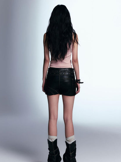 Cest Nous Vintage Distressed A Line Leather Short Skorts