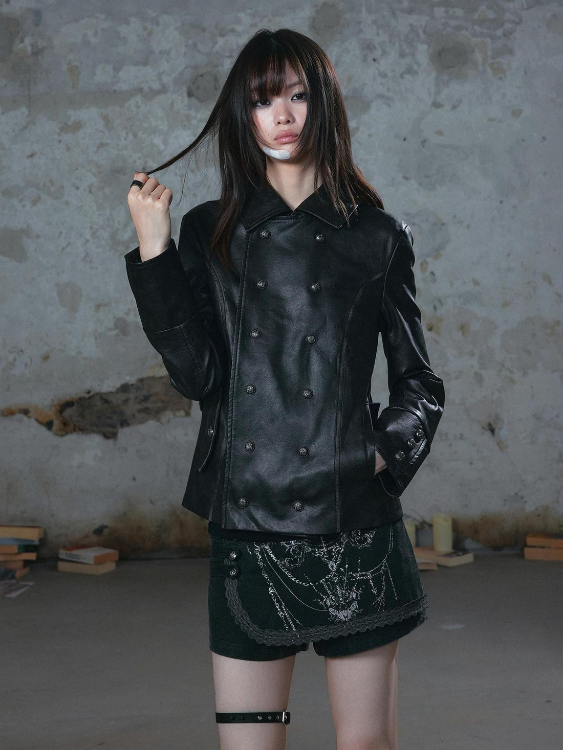 Cest Nous Vintage Distressed Belted Cavalry Buckle Napoleon Detachable Cape Pu Women&