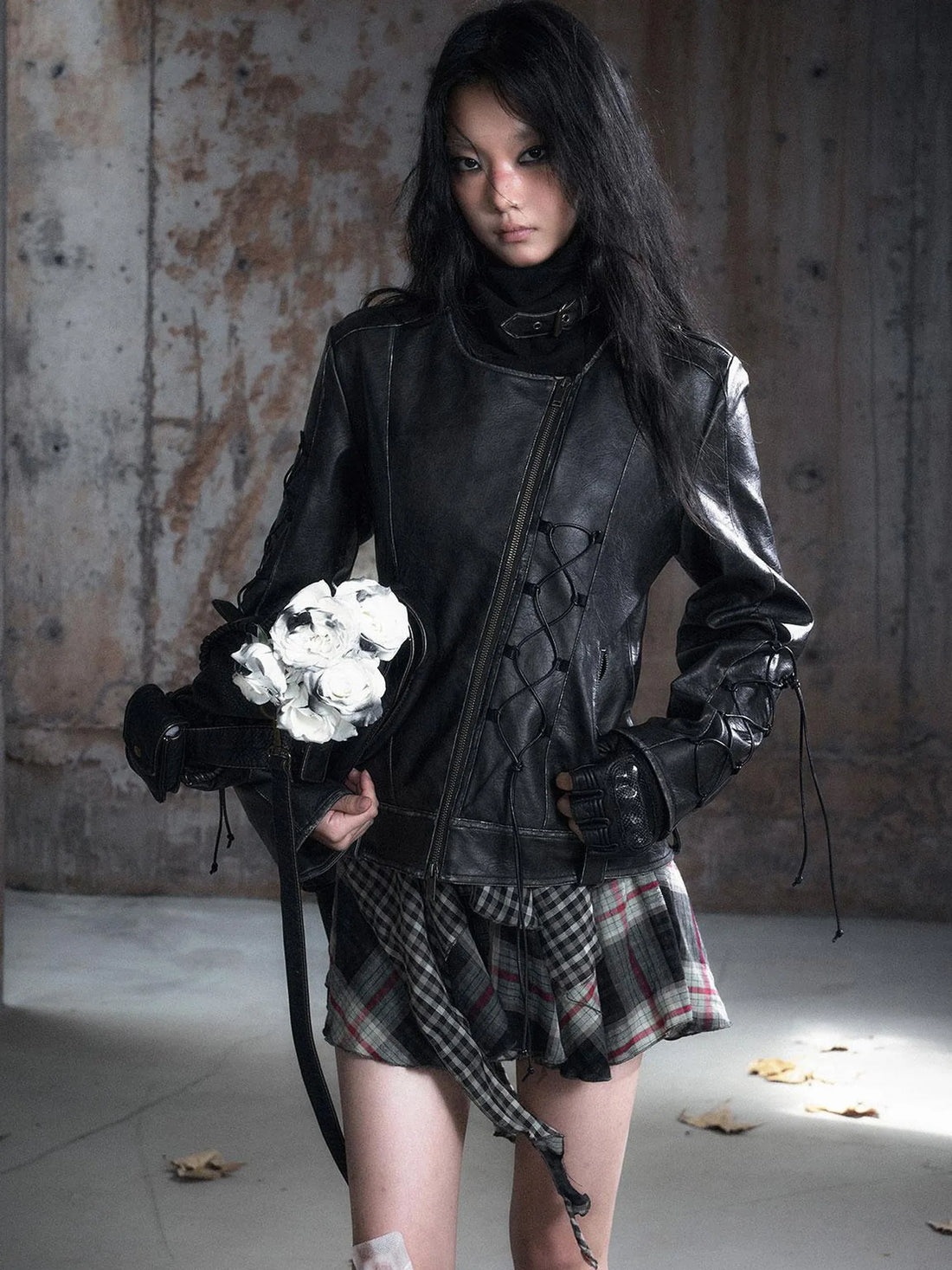 Vintage Dyed Asymmetric Zipper Corset Leather Jacket