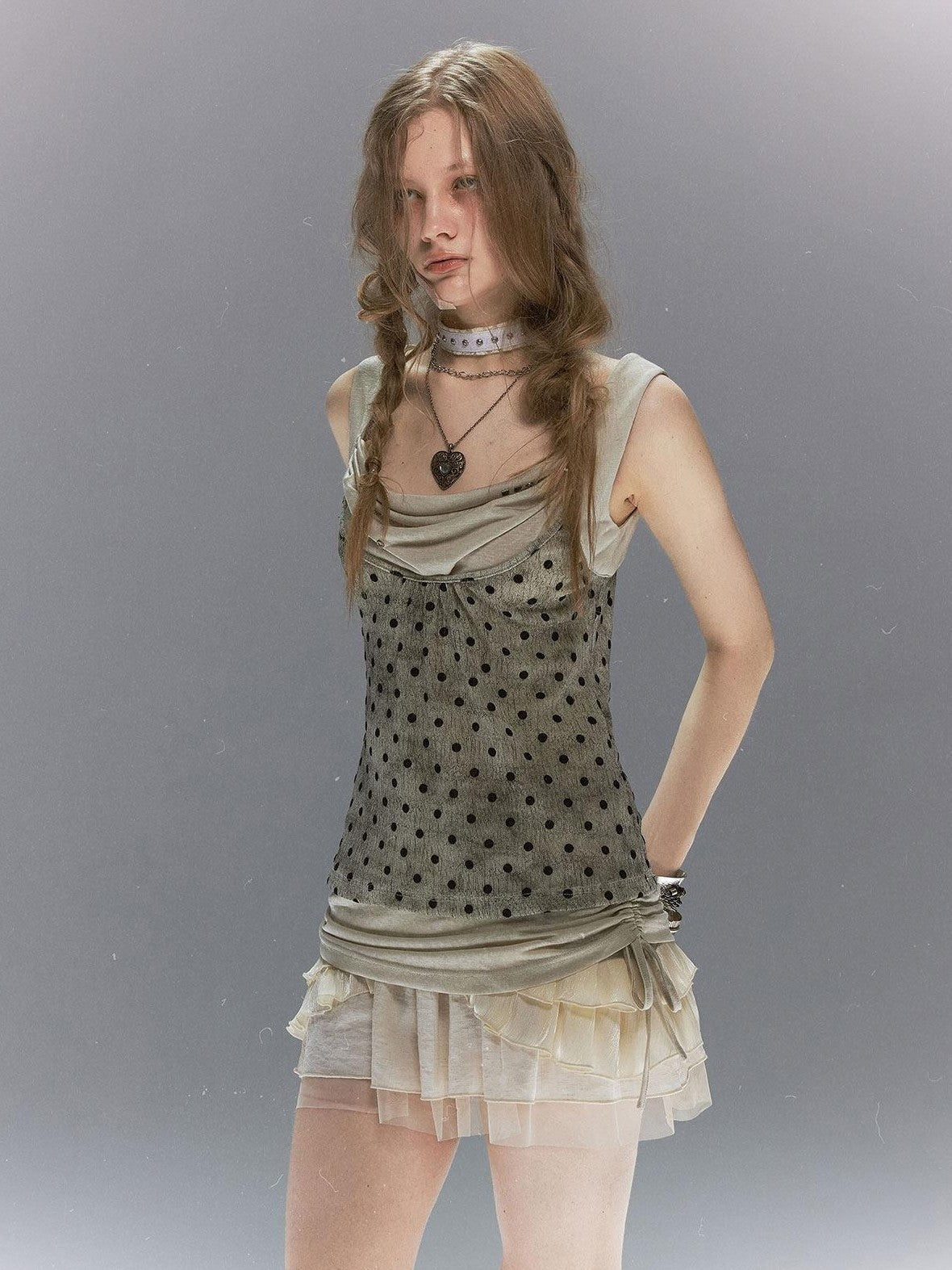 Cest Nous Vintage Flocked Mesh Polka Dot Faux Layered Drape Neck Women&