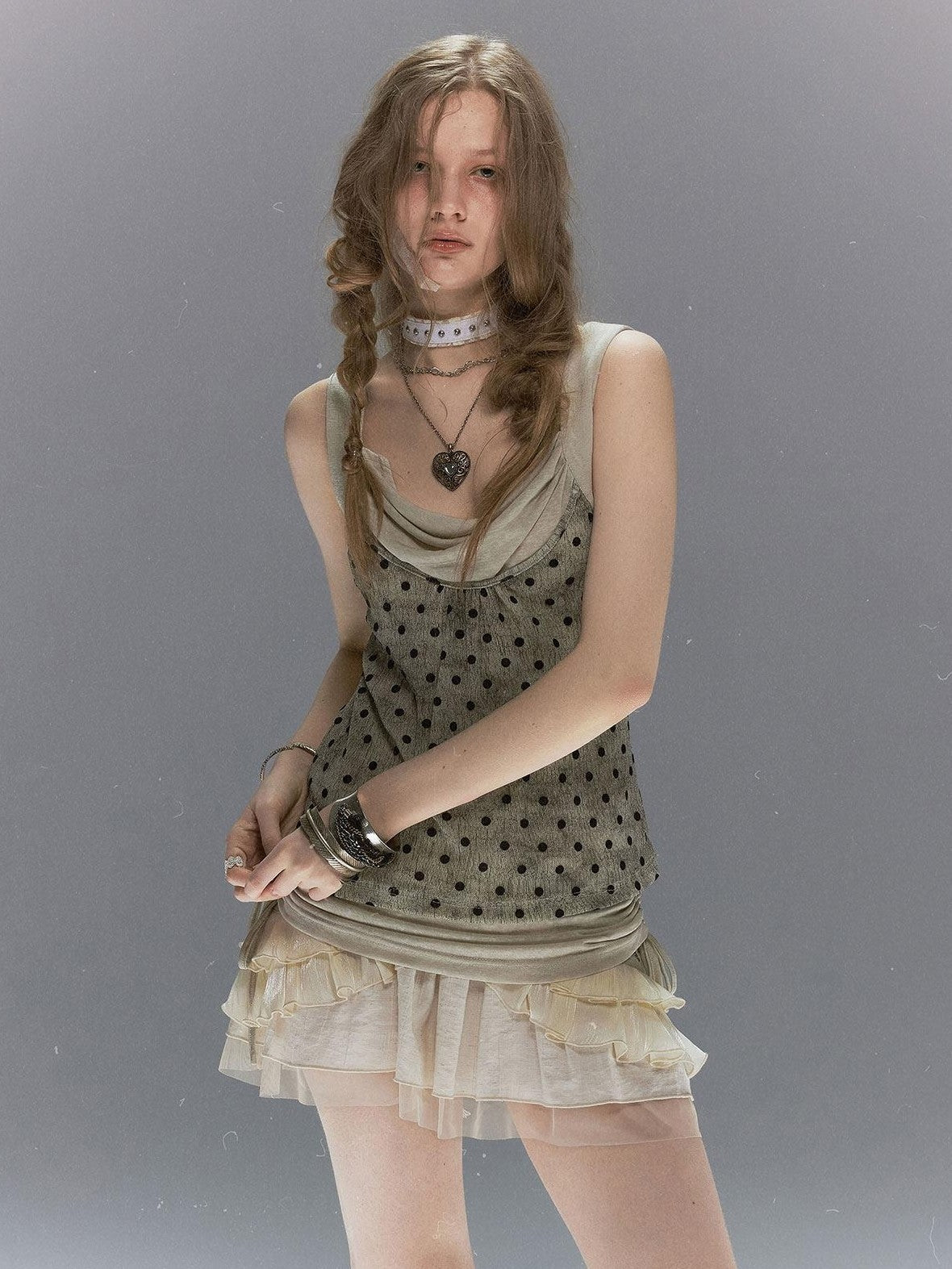 Cest Nous Vintage Flocked Mesh Polka Dot Faux Layered Drape Neck Women&