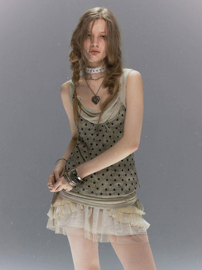 Cest Nous Vintage Flocked Mesh Polka Dot Faux Layered Drape Neck Women&