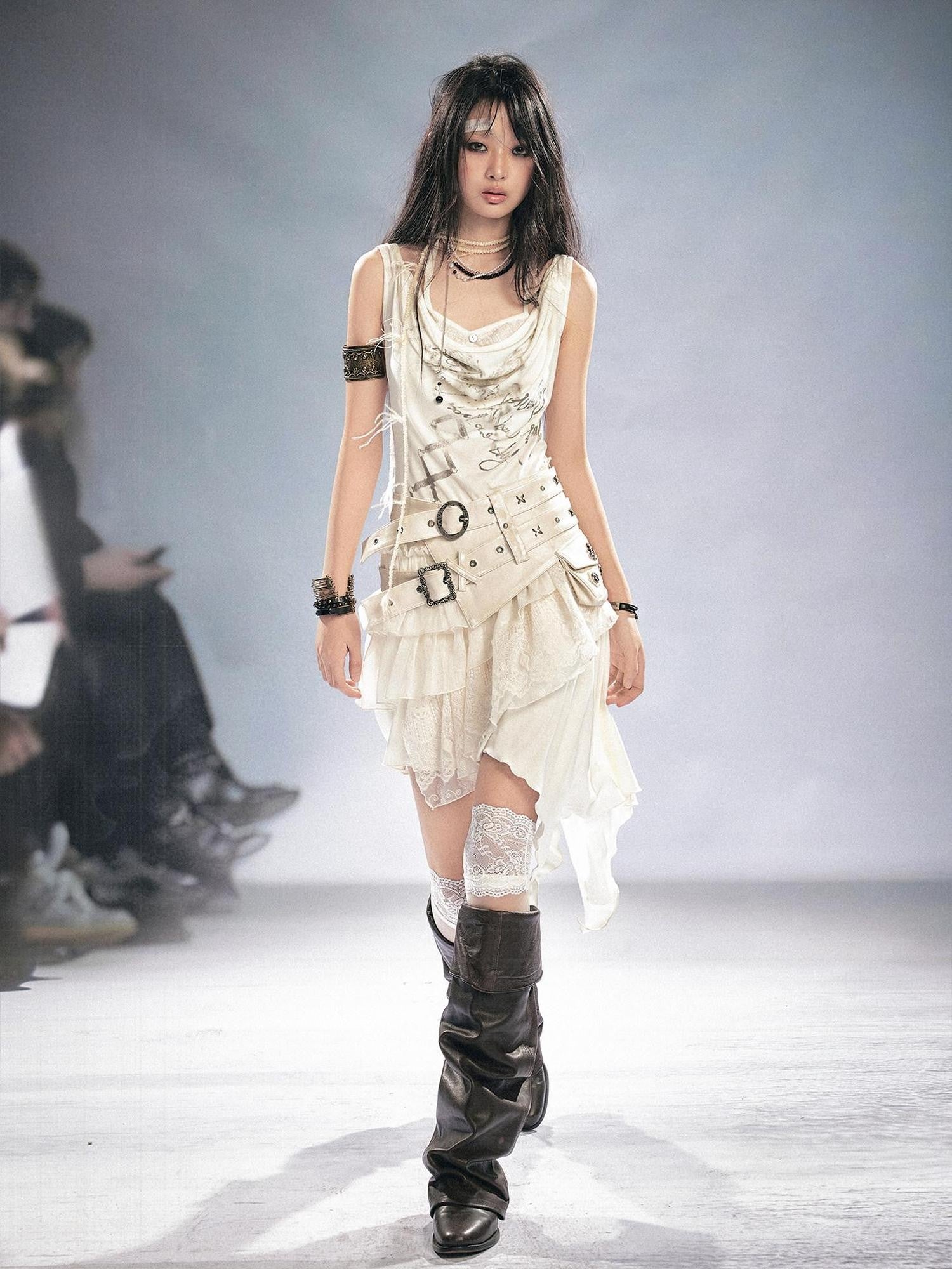 Cest Nous Vintage Metal Filigree Cross Stud Double Waist Women&