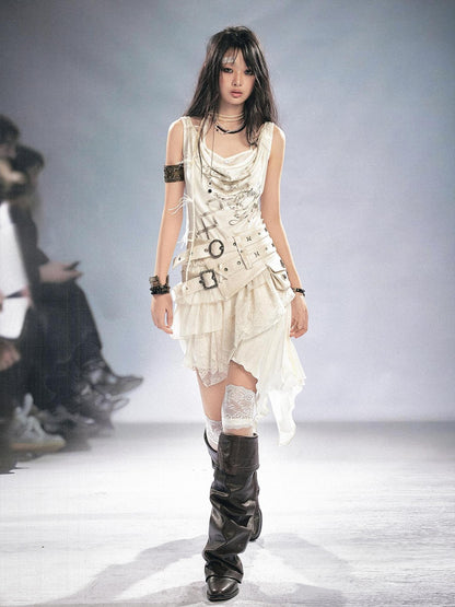Cest Nous Vintage Metal Filigree Cross Stud Double Waist Women&