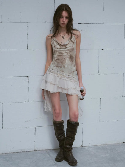 Cest Nous Vintage Ombre Lace Trim Slit Hem Dress