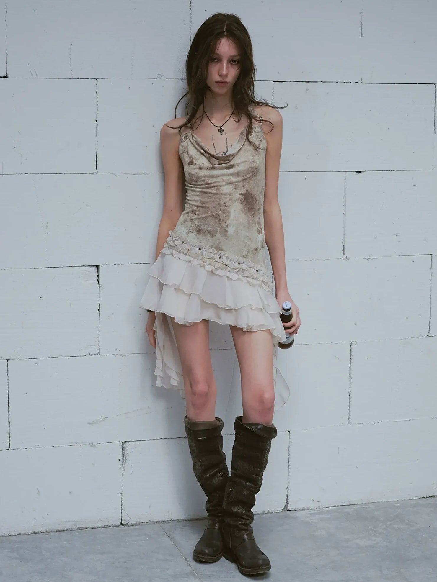 Cest Nous Vintage Ombre Lace Trim Slit Hem Dress