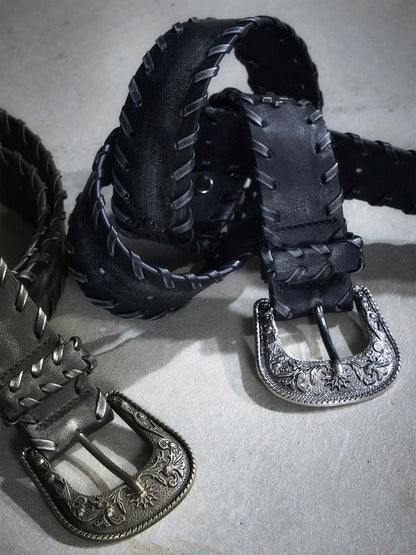 Vintage Rope Woven Distressed Belt With Ornate Buckle