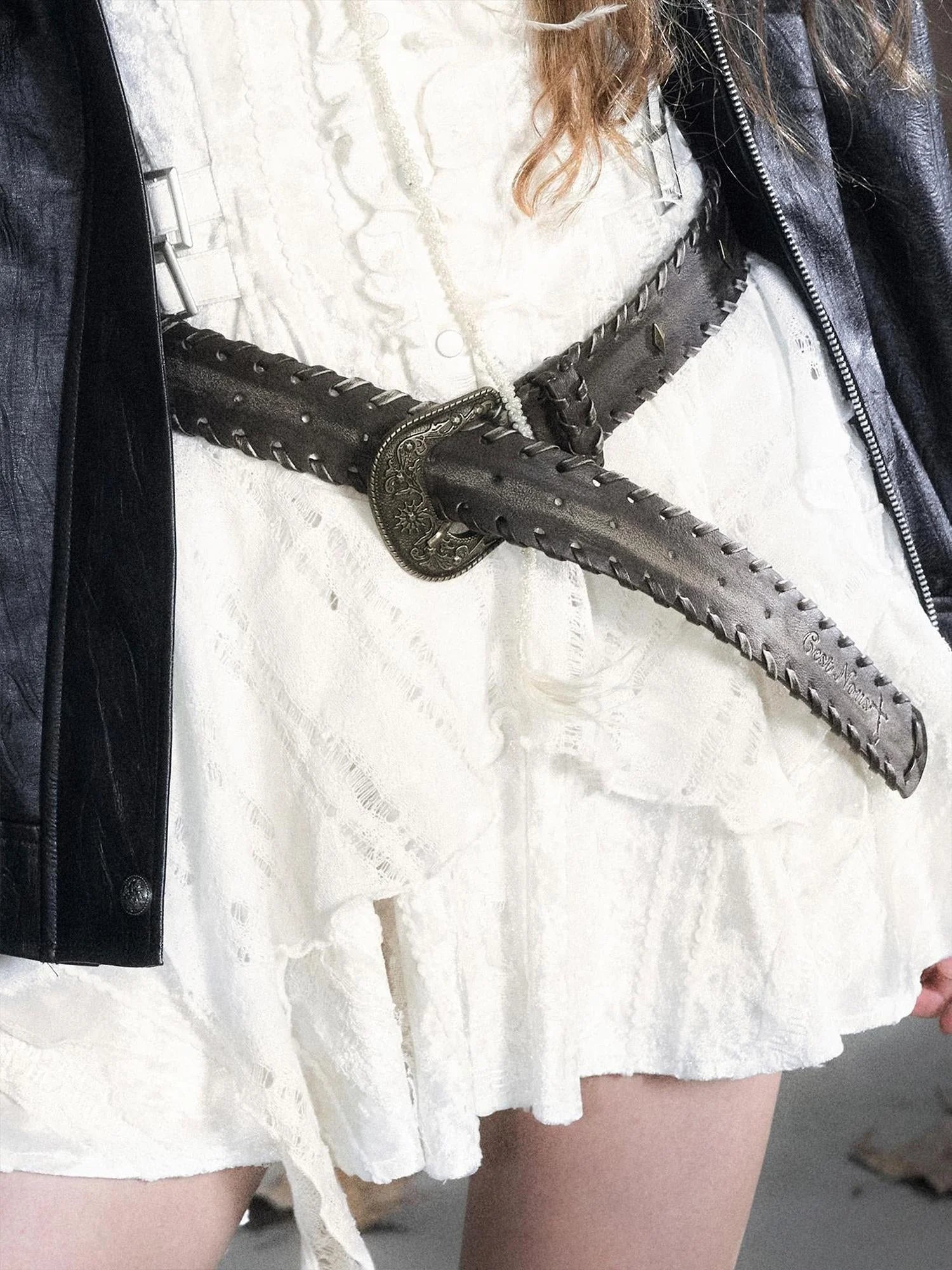 Vintage Rope Woven Distressed Belt With Ornate Buckle