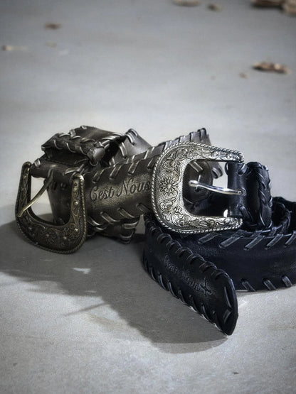 Vintage Rope Woven Distressed Belt With Ornate Buckle