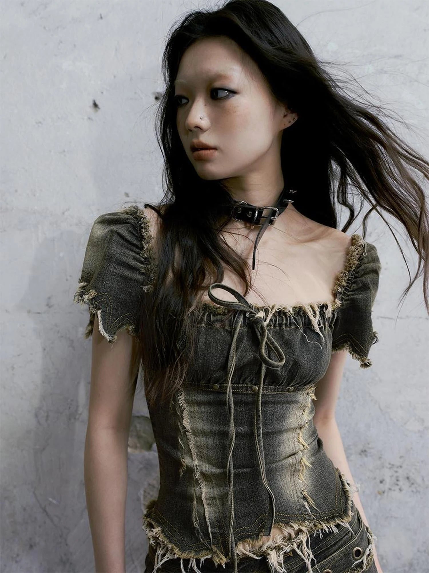 Vintage Washed Punk Corset Denim Top