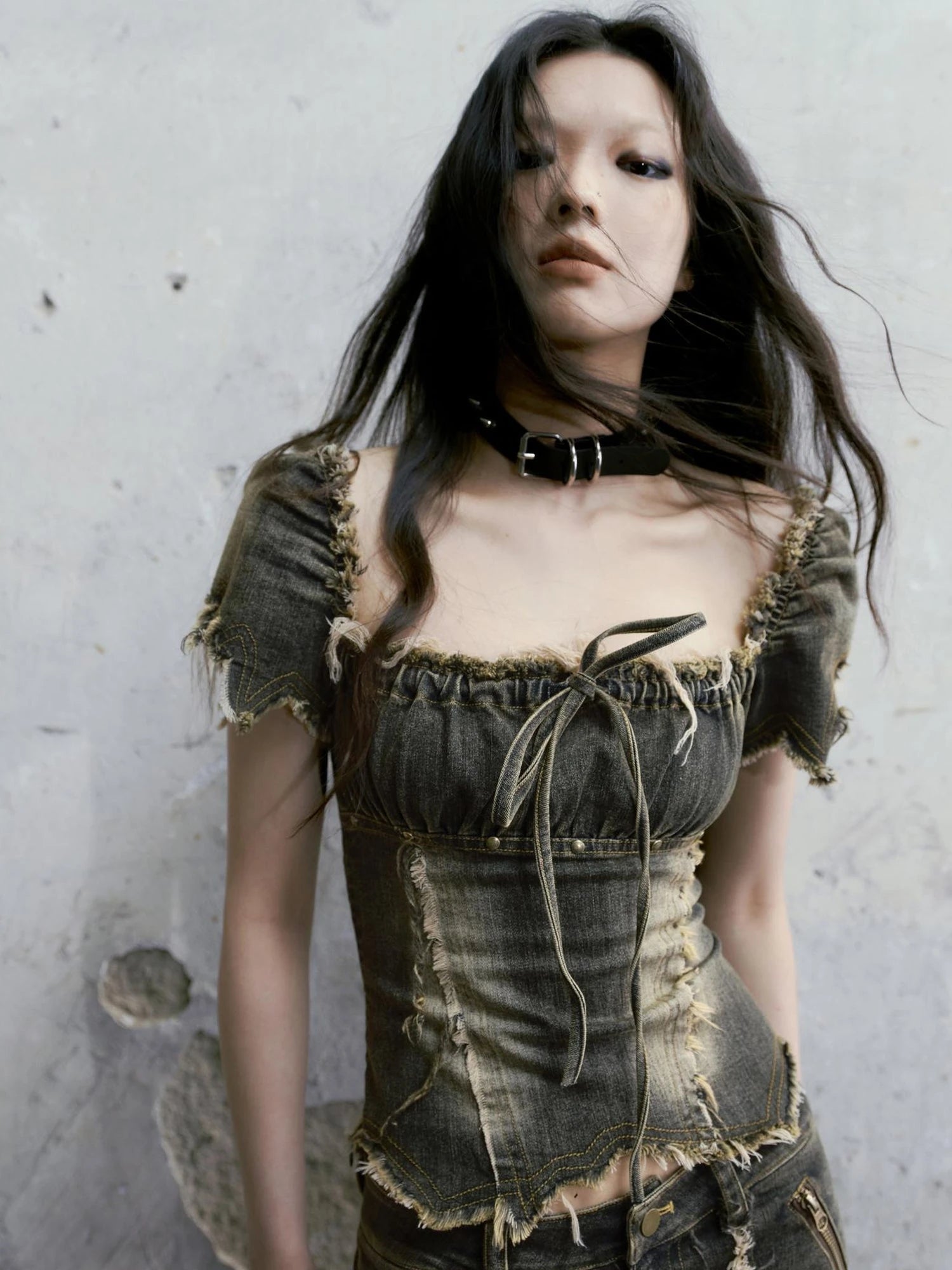 Vintage Washed Punk Corset Denim Top