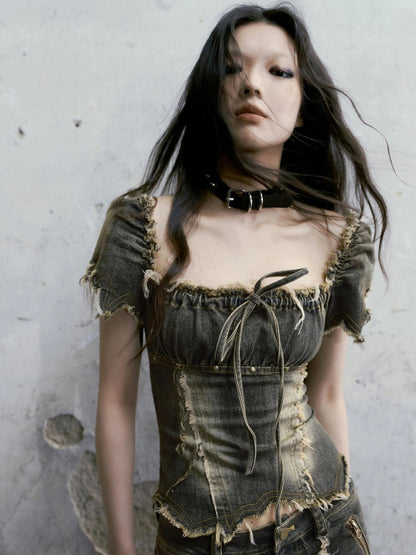 Vintage Washed Punk Corset Denim Top