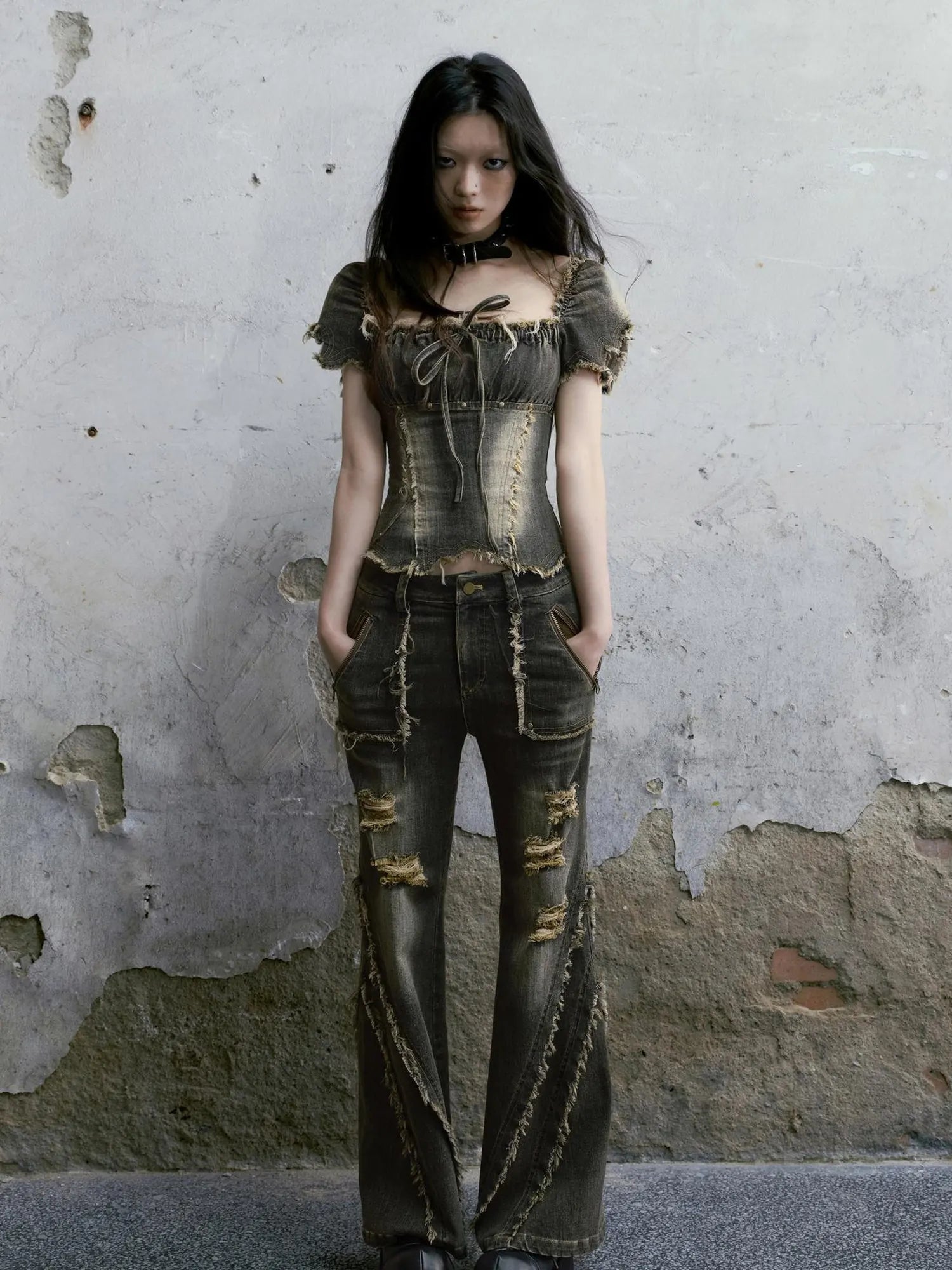 Vintage Washed Punk Corset Denim Top