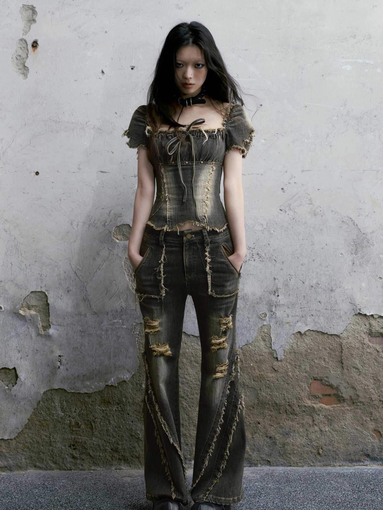Cest Nous Vintage Washed Punk Corset Denim Top