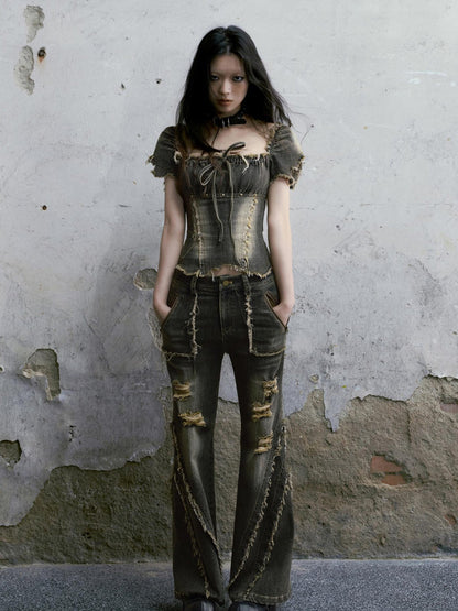 Cest Nous Vintage Washed Punk Corset Denim Top