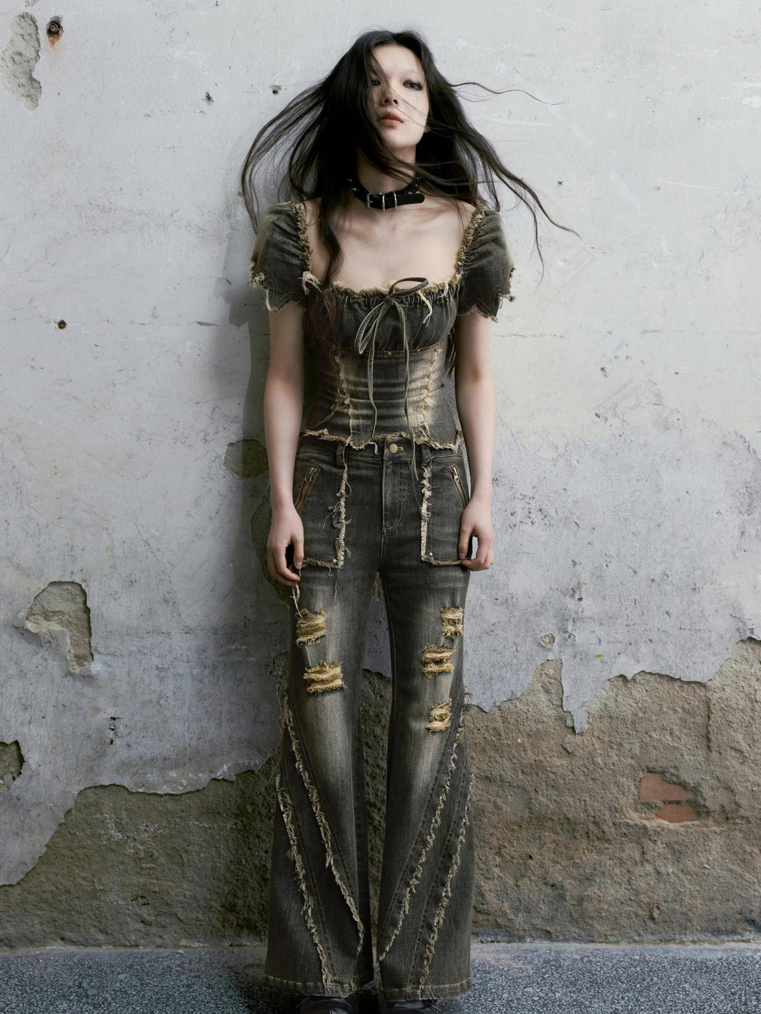 Cest Nous Vintage Washed Punk Corset Denim Top