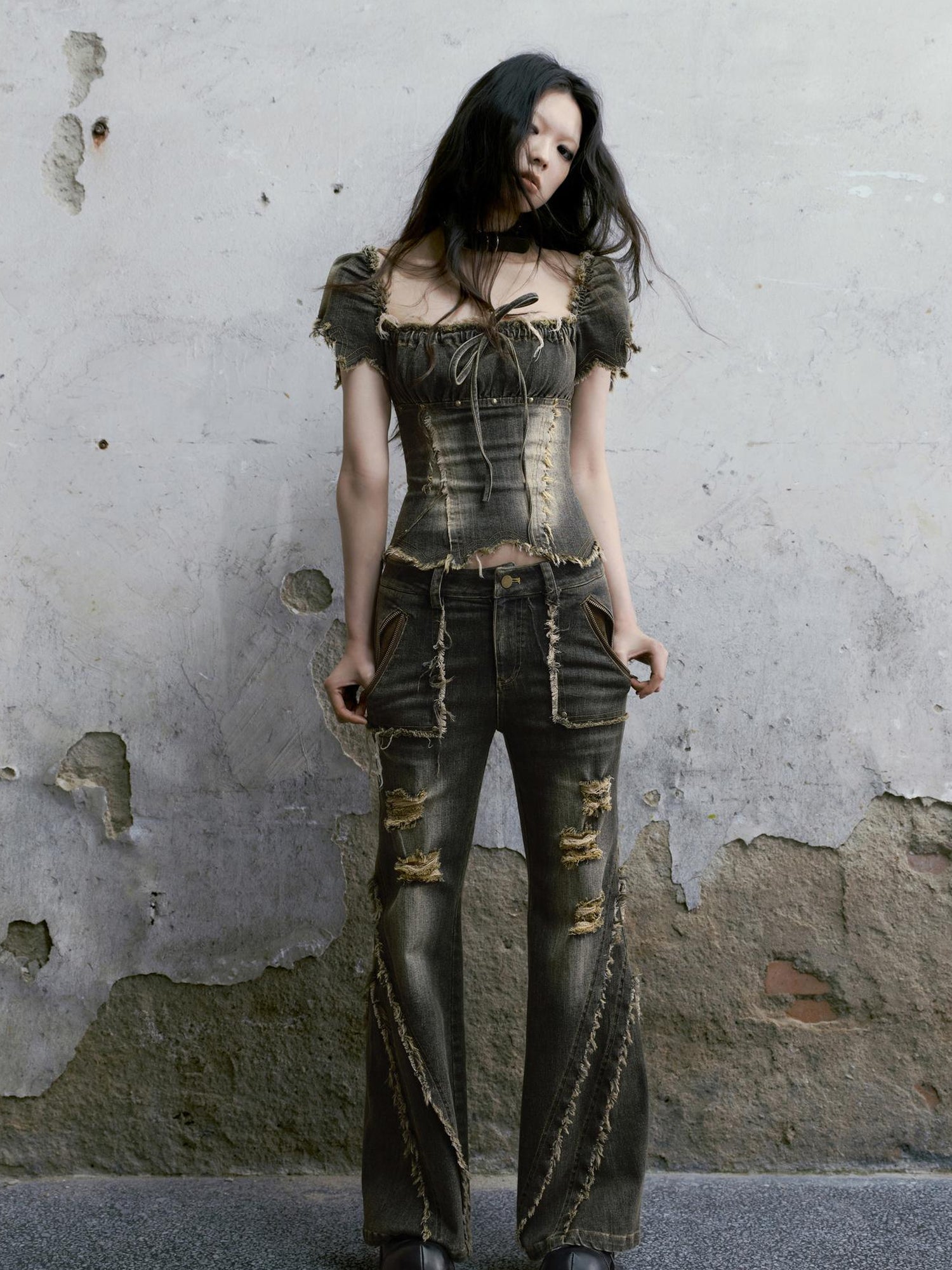 Cest Nous Vintage Washed Punk Corset Denim Top