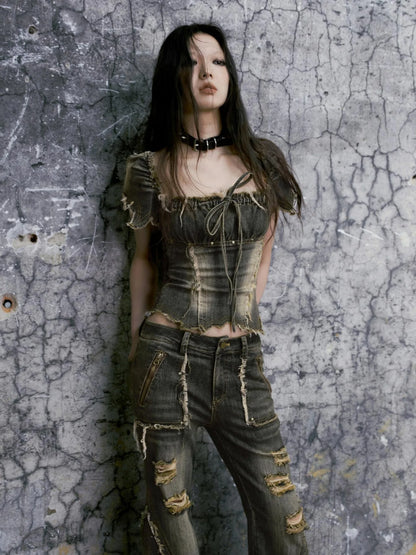 Vintage Washed Punk Corset Denim Top
