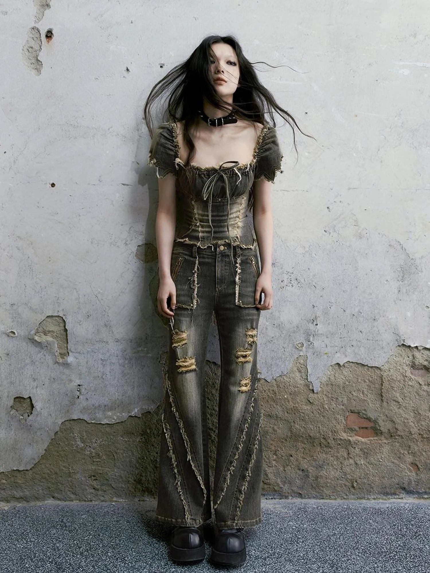 Vintage Washed Punk Corset Denim Top