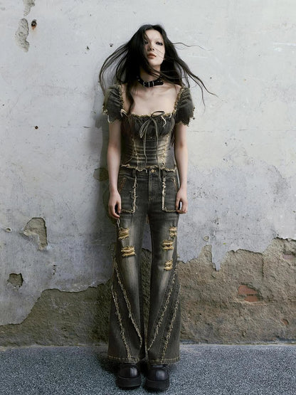 Vintage Washed Punk Corset Denim Top