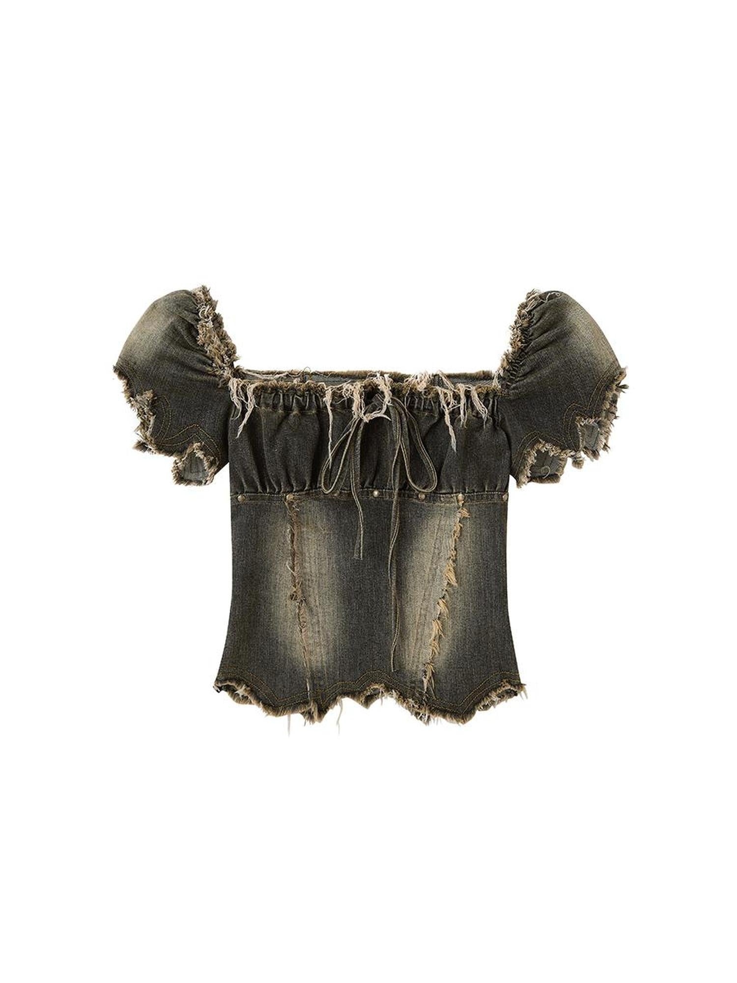 Cest Nous Vintage Washed Punk Corset Denim Top