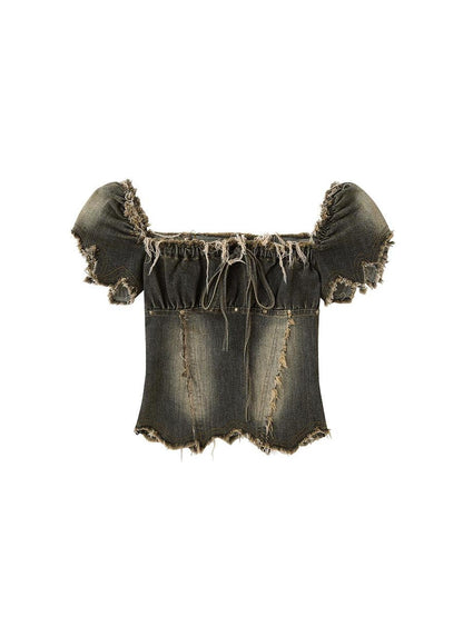 Cest Nous Vintage Washed Punk Corset Denim Top