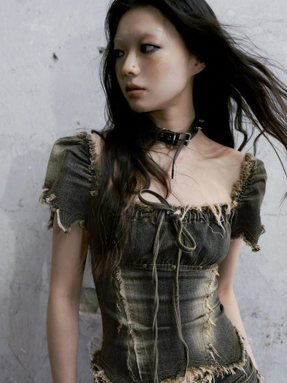Vintage Washed Punk Corset Denim Top