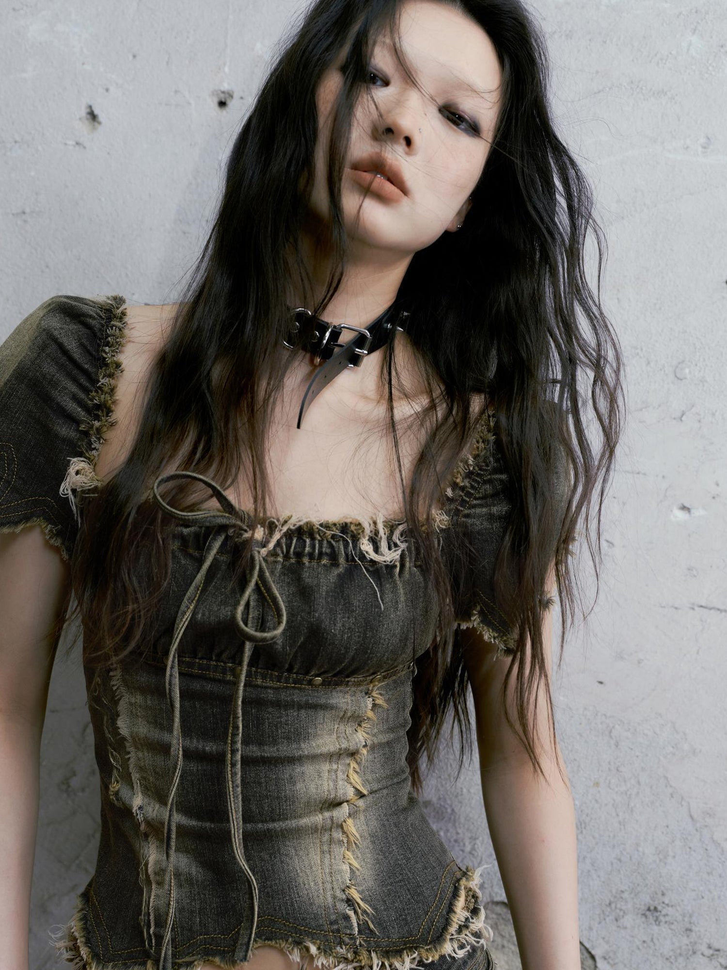 Cest Nous Vintage Washed Punk Corset Denim Top