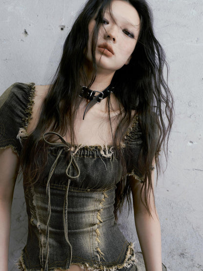 Cest Nous Vintage Washed Punk Corset Denim Top