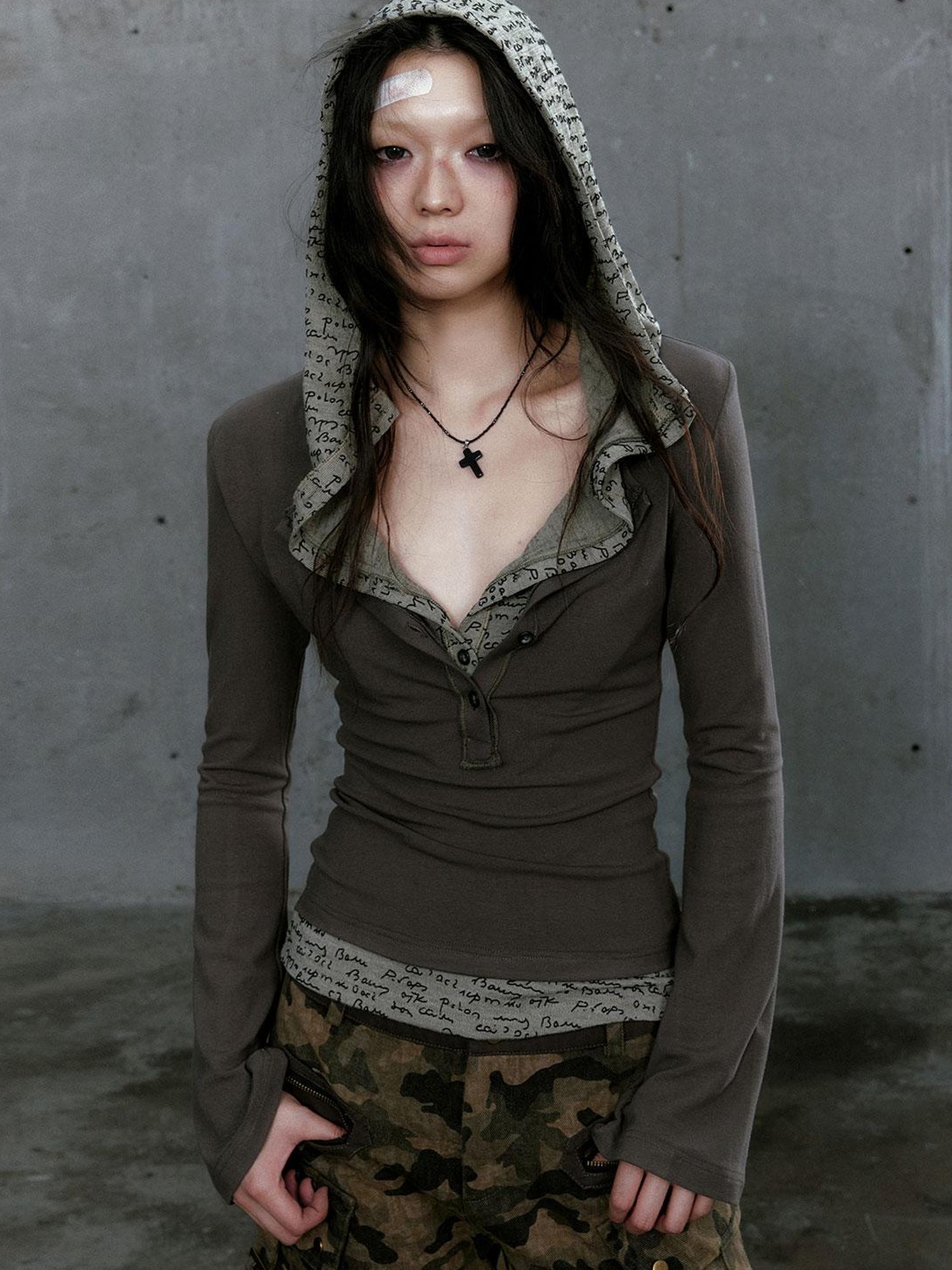 Cest Nous Wander Punk Layered Collage Hooded Knit Top