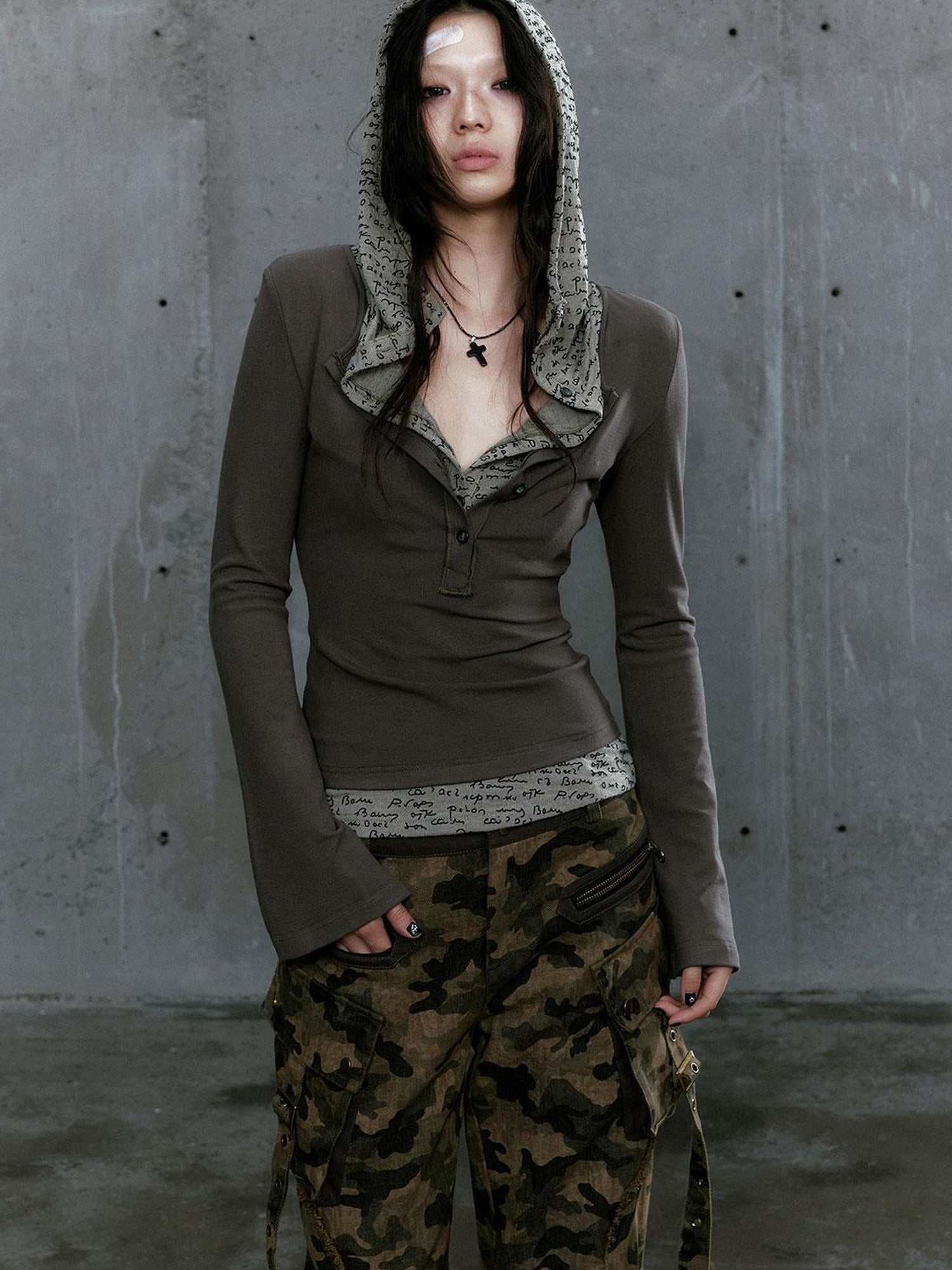 Cest Nous Wander Punk Layered Collage Hooded Knit Top