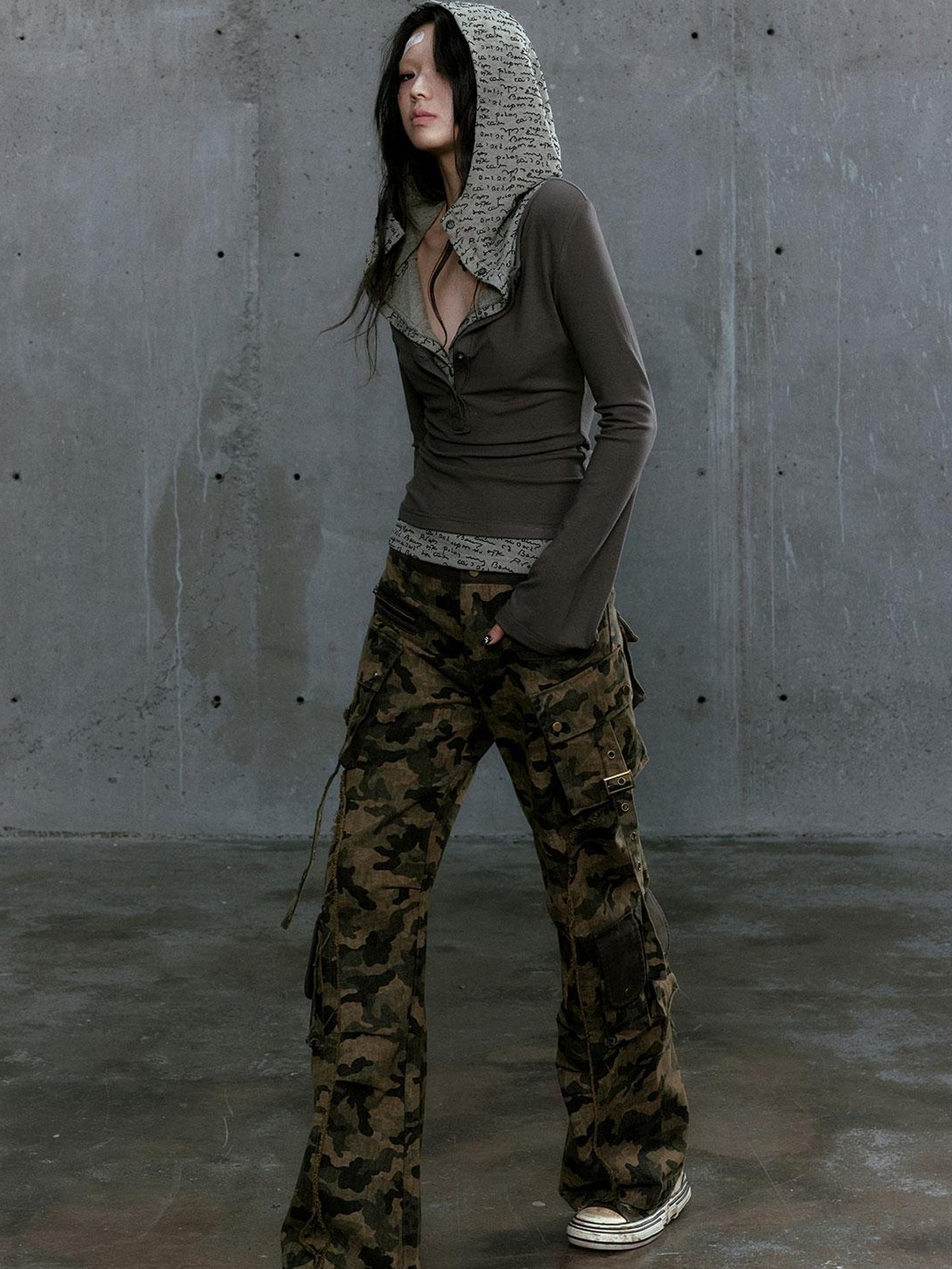 Cest Nous Wander Punk Layered Collage Hooded Knit Top