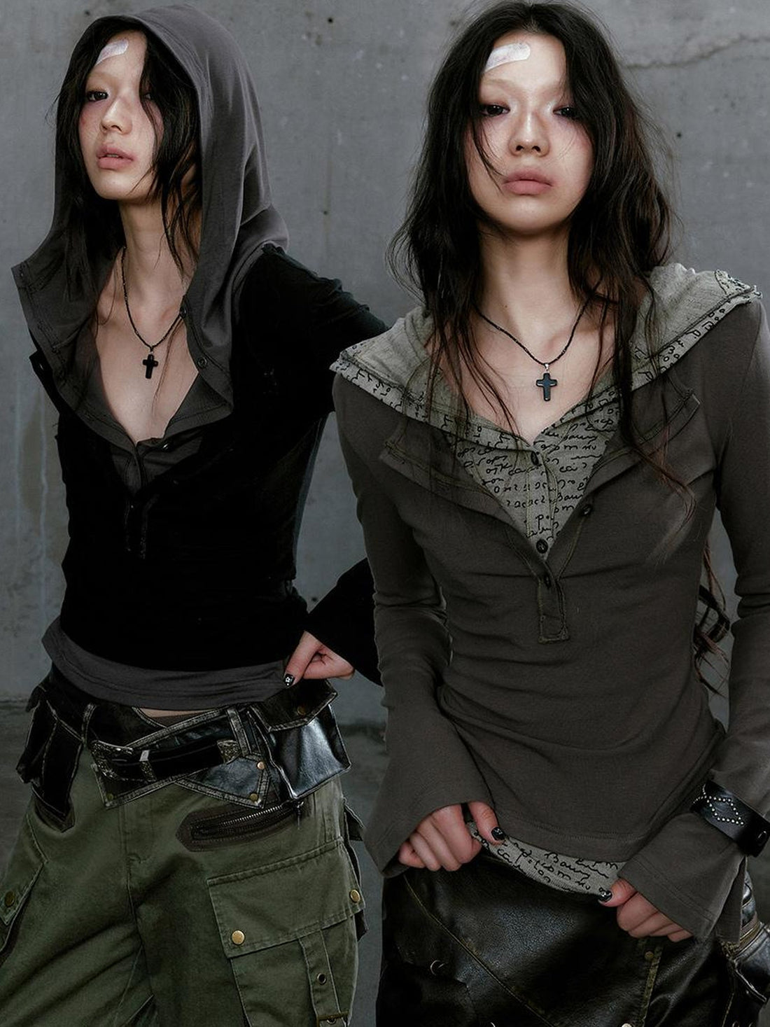 Cest Nous Wander Punk Layered Collage Hooded Knit Top