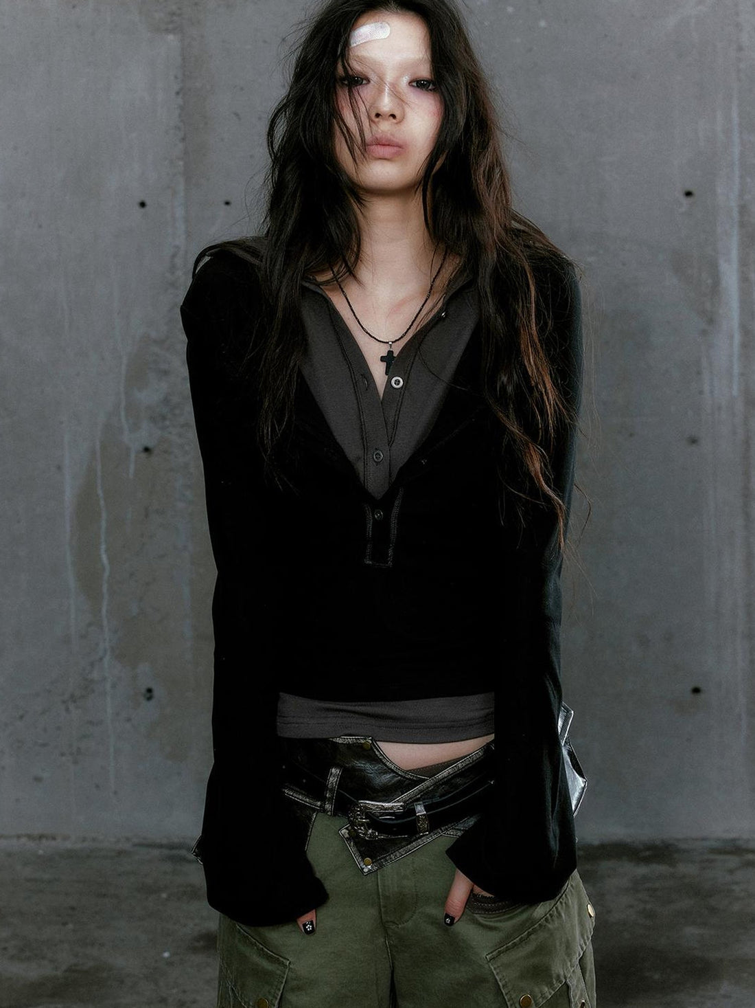Cest Nous Wander Punk Layered Collage Hooded Knit Top
