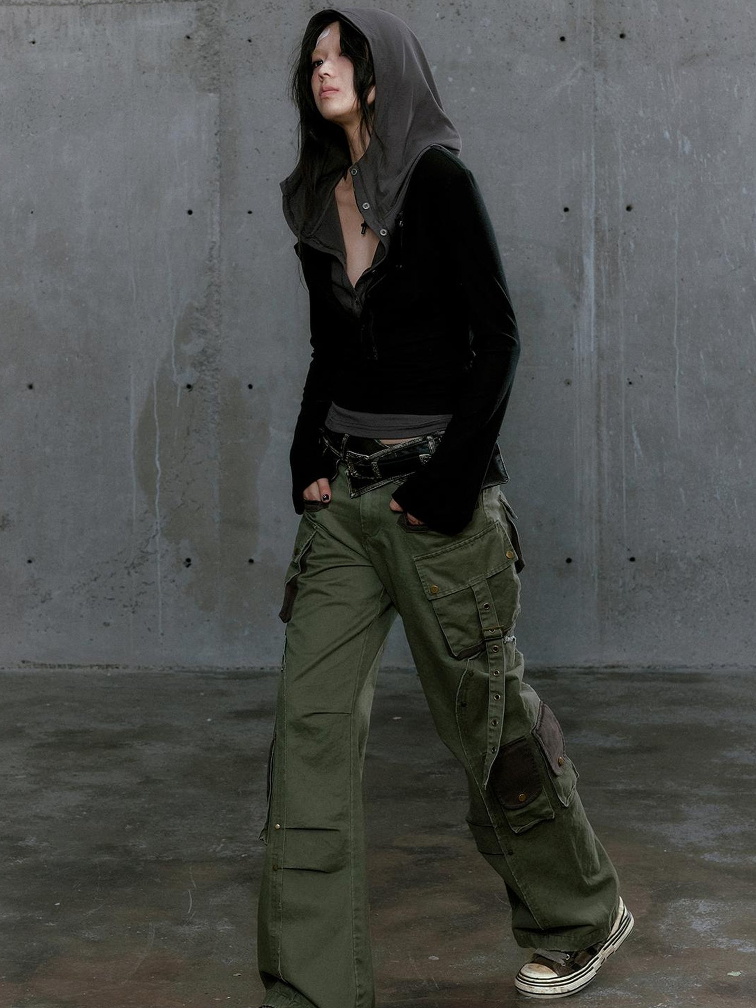 Cest Nous Wander Punk Layered Collage Hooded Knit Top