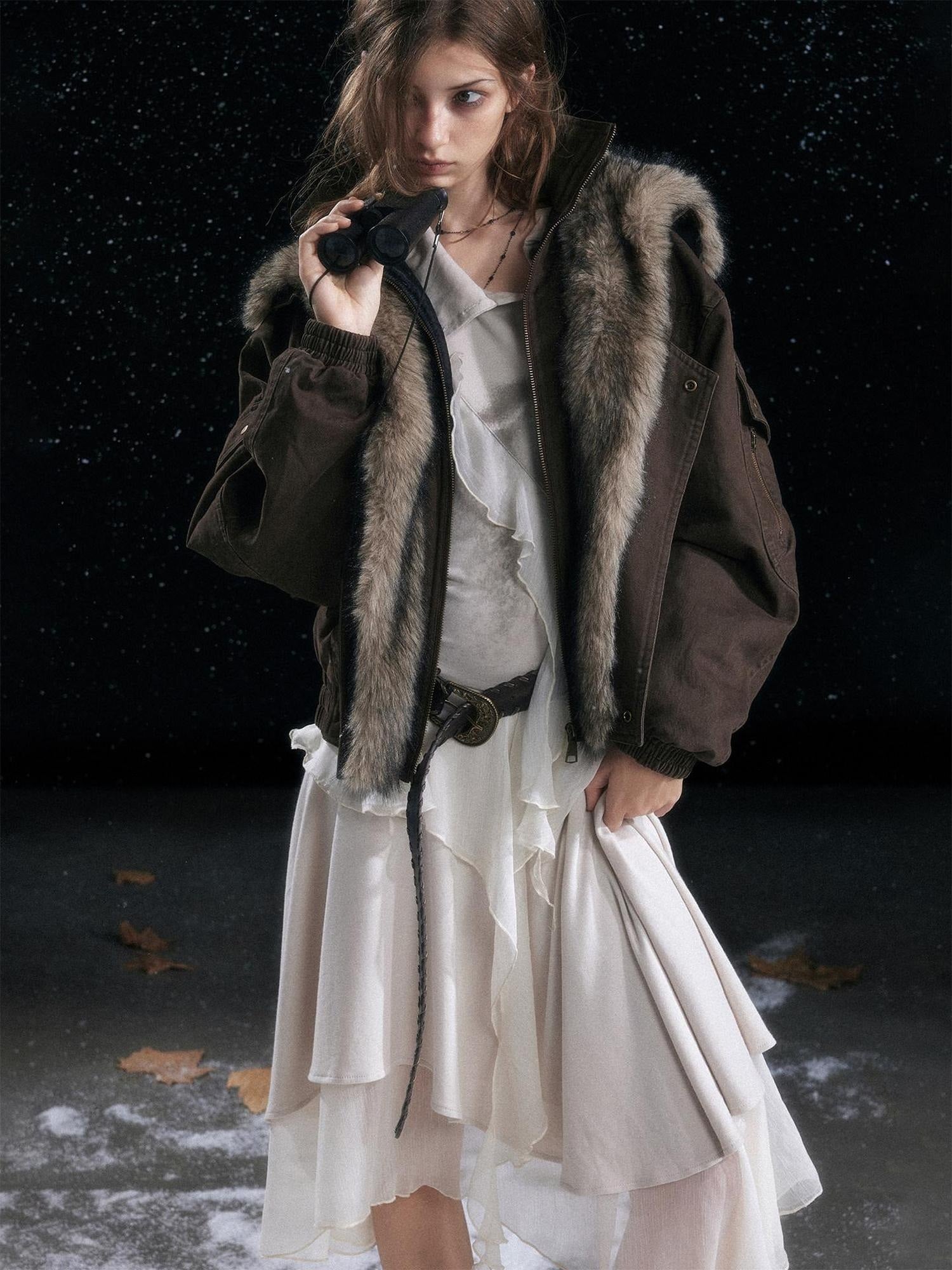 Cest Nous Warm Commuter Hooded Thermal Women Solid Brown Zip Front Puffer Jacket