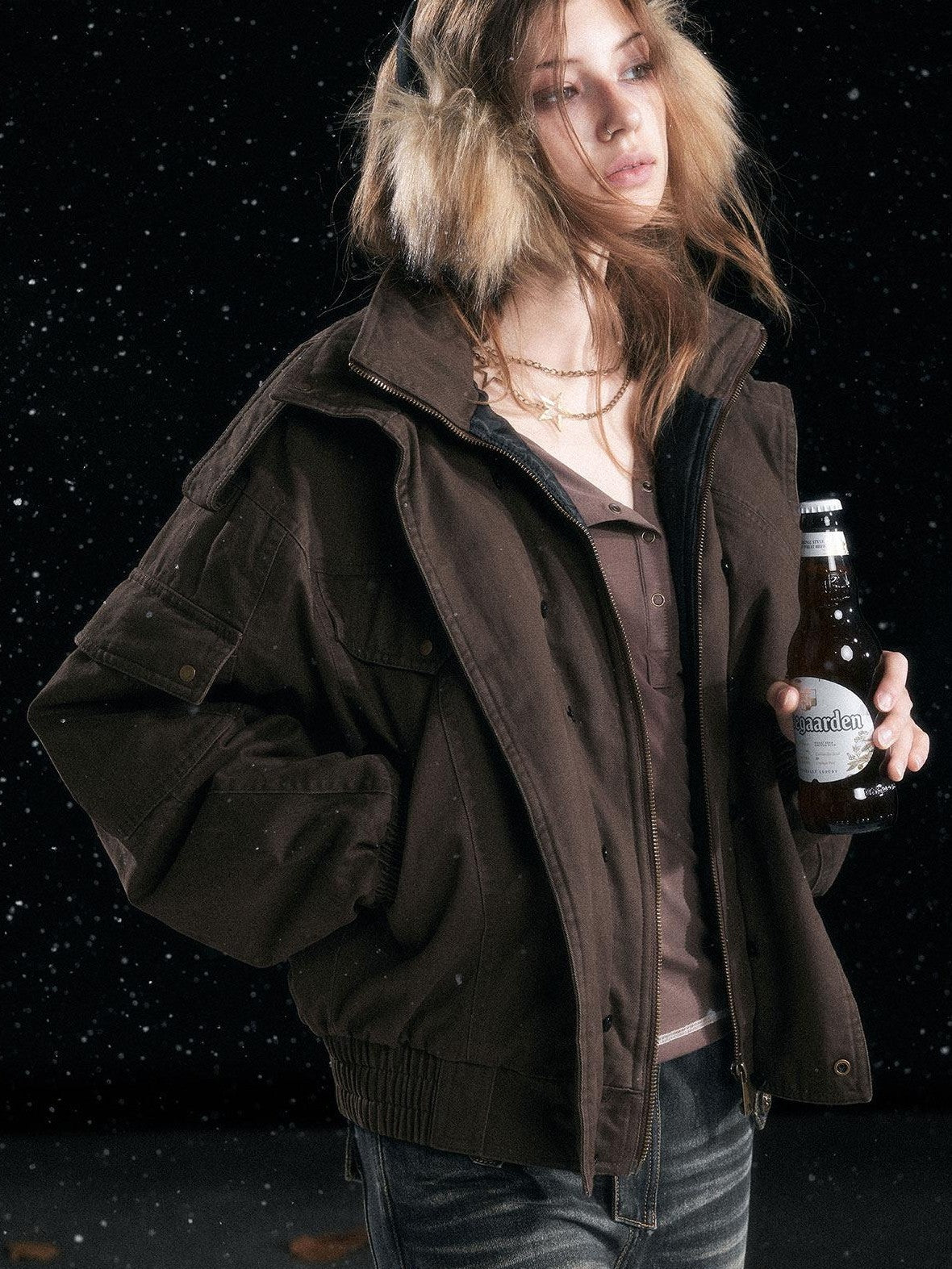 Cest Nous Warm Commuter Hooded Thermal Women Solid Brown Zip Front Puffer Jacket