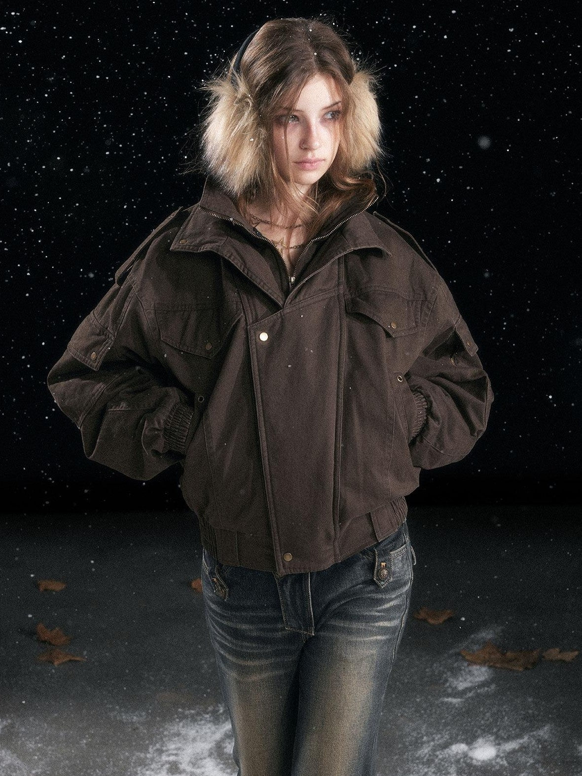 Cest Nous Warm Commuter Hooded Thermal Women Solid Brown Zip Front Puffer Jacket