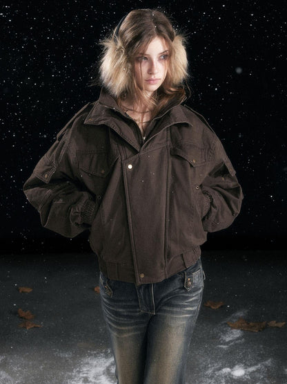 Cest Nous Warm Commuter Hooded Thermal Women Solid Brown Zip Front Puffer Jacket