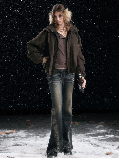 Cest Nous Warm Commuter Hooded Thermal Women Solid Brown Zip Front Puffer Jacket