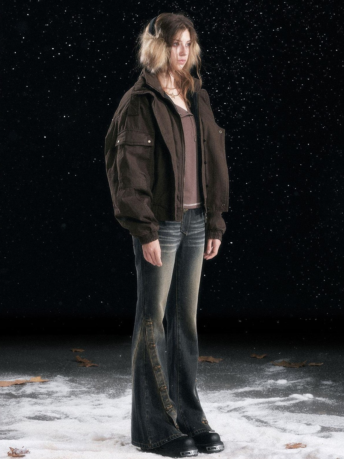 Cest Nous Warm Commuter Hooded Thermal Women Solid Brown Zip Front Puffer Jacket