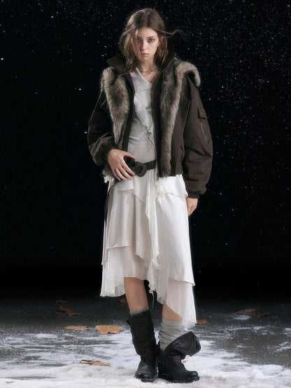 Cest Nous Warm Commuter Hooded Thermal Women Solid Brown Zip Front Puffer Jacket