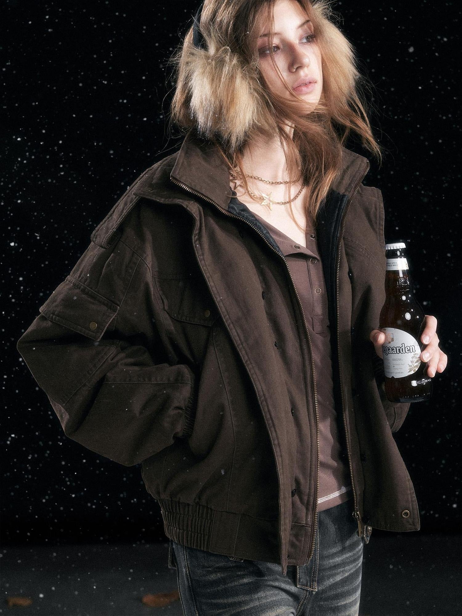 Cest Nous Warm Commuter Hooded Thermal Women Solid Brown Zip Front Puffer Jacket