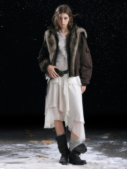 Cest Nous Warm Commuter Hooded Thermal Women Solid Brown Zip Front Puffer Jacket