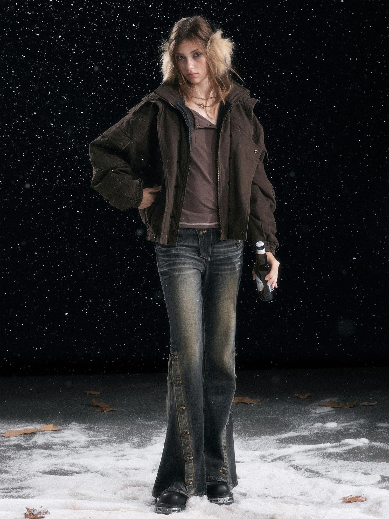 Cest Nous Warm Commuter Hooded Thermal Women Solid Brown Zip Front Puffer Jacket